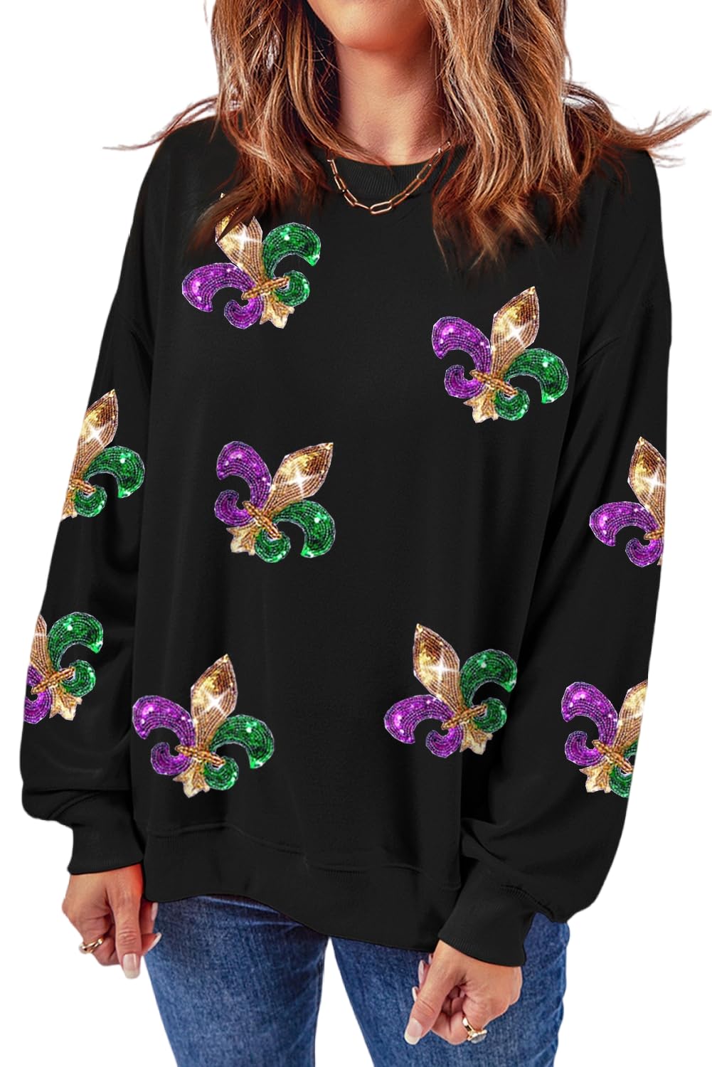 Moletom Ybhuo Mardi Gras Para Mulheres Com Estampa De Lantejoulas E Manga Comprida