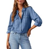 Camisa Feminina Astylish, Jeans, Trabalho, Manga Comprida, Decote Em V, Azul Celeste