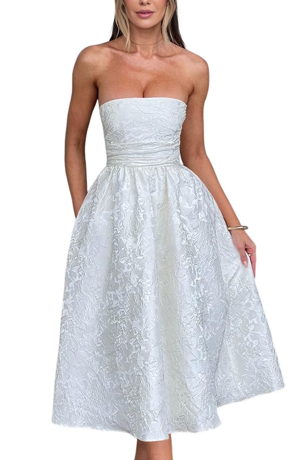 Vestido De Boas-vindas Eemeii Jacquard Flora Tule Com Bolsos Brancos