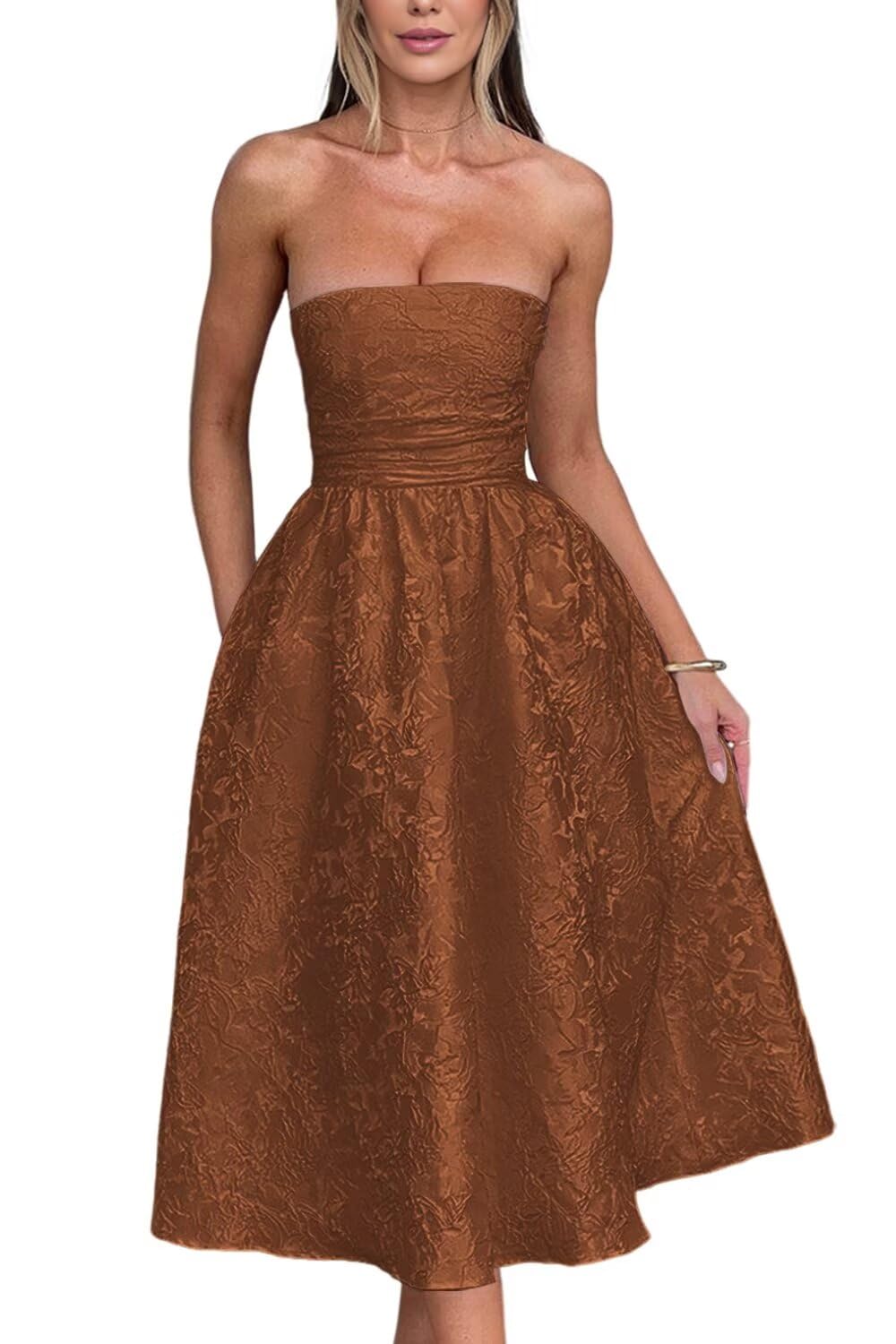 Vestido De Boas-vindas Eemeii Jacquard Flora Tule Com Bolsos Marrons