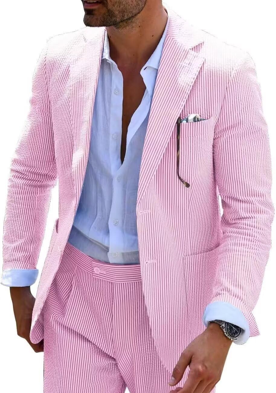 Suit Wehilion Mens Seersucker Slim Fit Beach Wedding Pink L