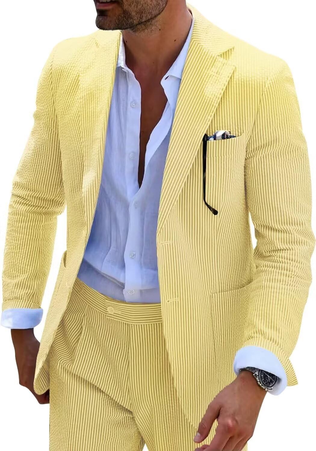 Suit Wehilion Summer, 2 Peças Seersucker Stripe Yellow Para Homens