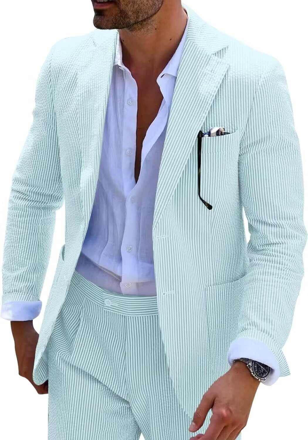 Suit Wehilion Seersucker, 2 Peças, Listrado, Slim Fit, Aqua Xxl