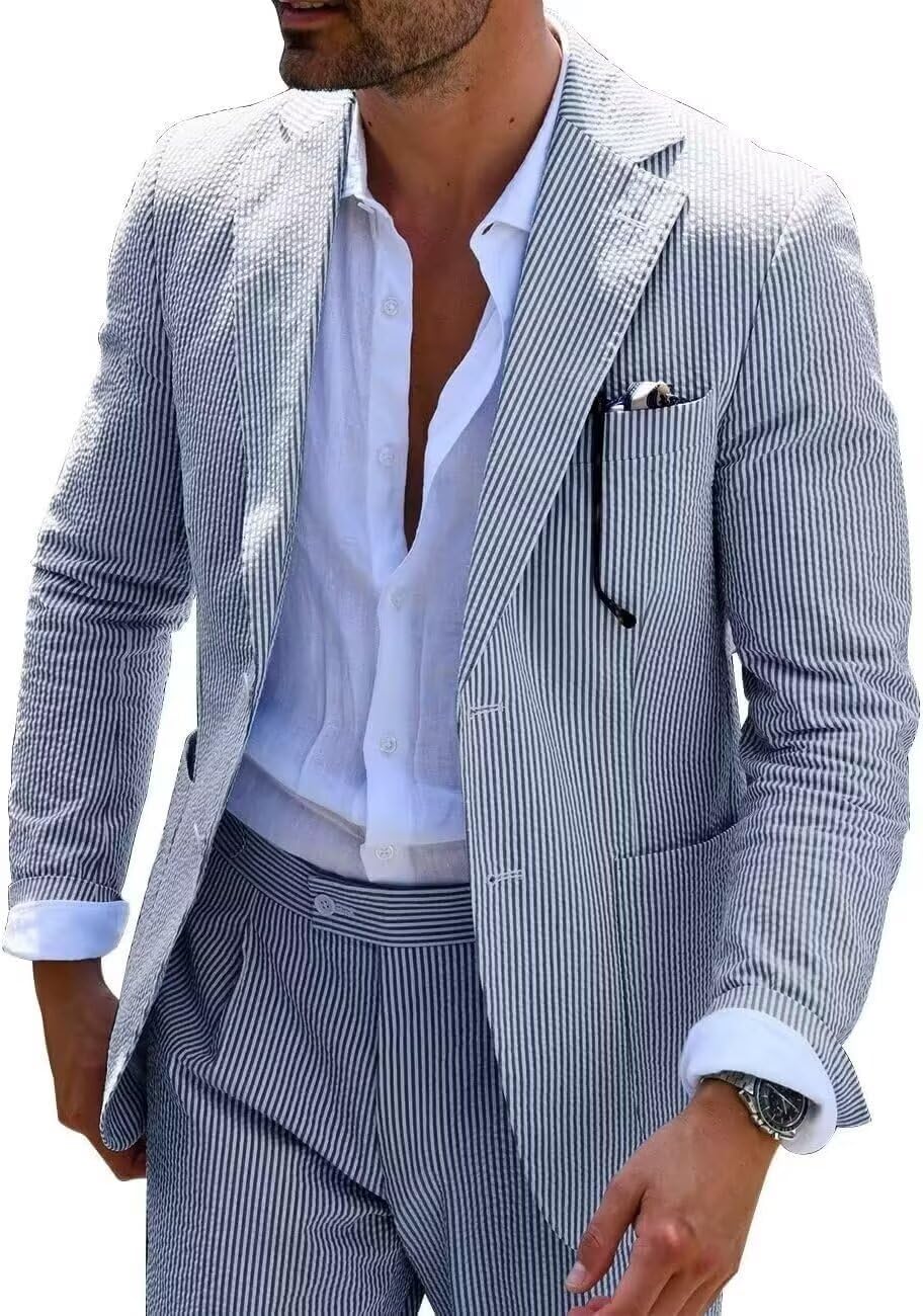 Suit Wehilion Masculino Seersucker Slim Fit Summer Navy Xxl