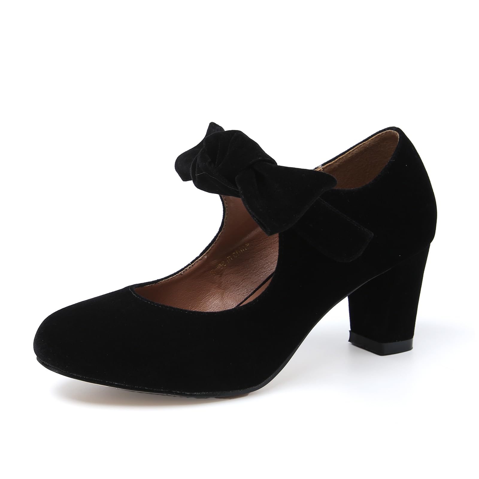 Sapatos Femininos Liuruijia Bow Mary Jane, Salto Baixo, Pretos