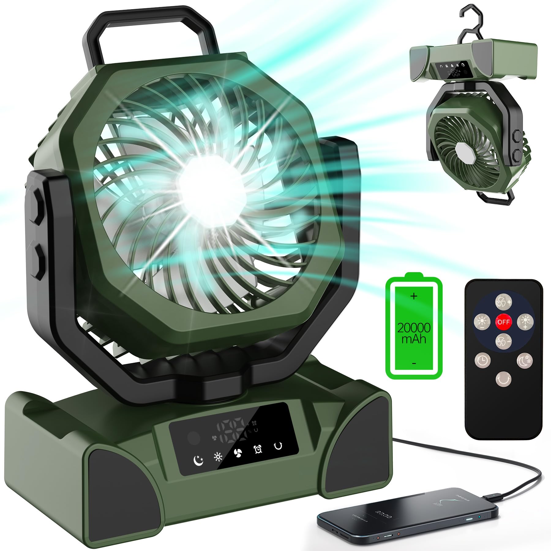 Ventilador De Acampamento Portátil Topported 20000mah Com Lanterna Led Verde
