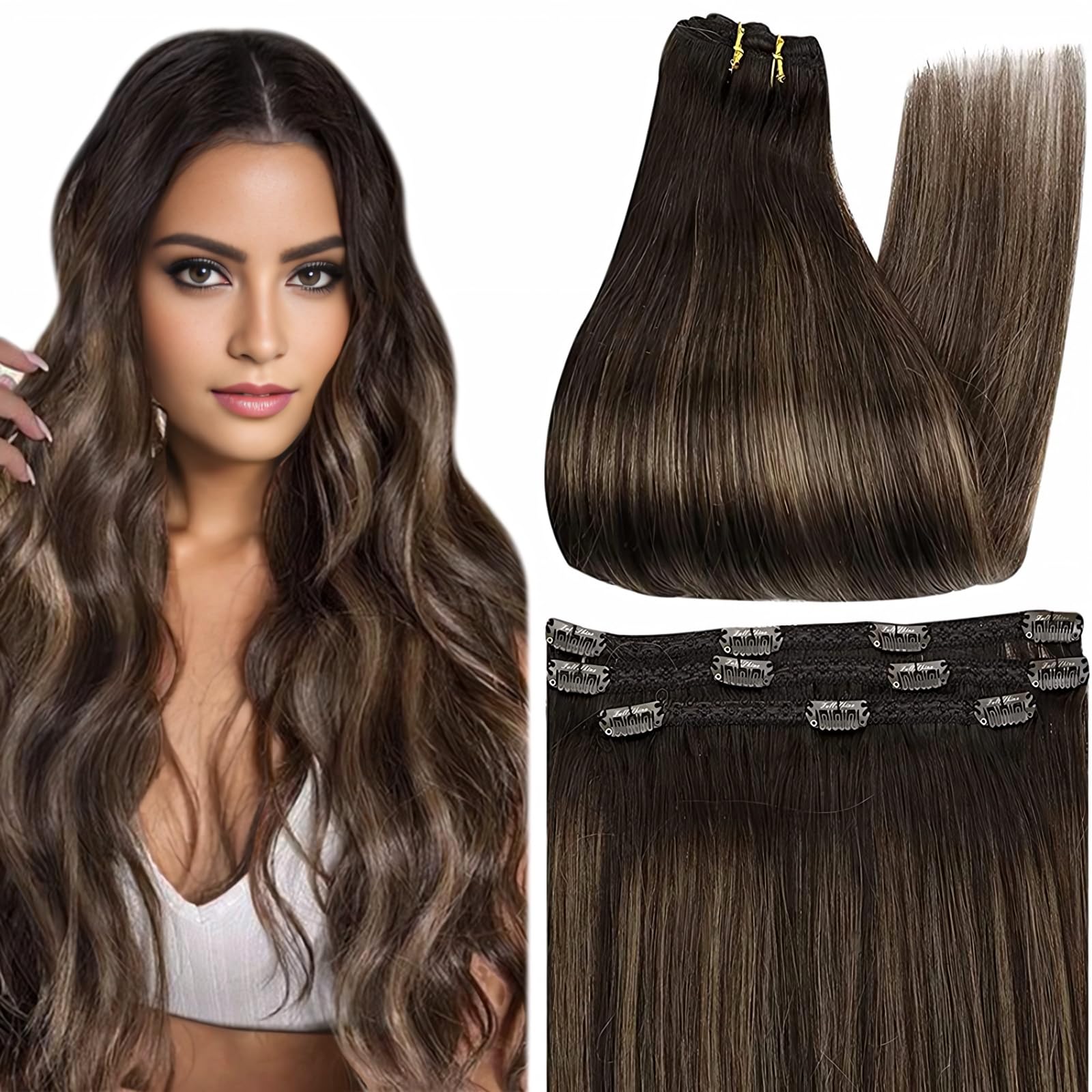 Extensões De Cabelo Full Shine Balayage Dark Brown Clip-in 14 Polegadas