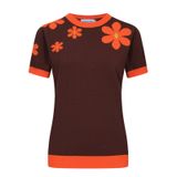 Camiseta Feminina Oxknit De Manga Curta Com Flores Vermelhas Vintage Dos Anos 60