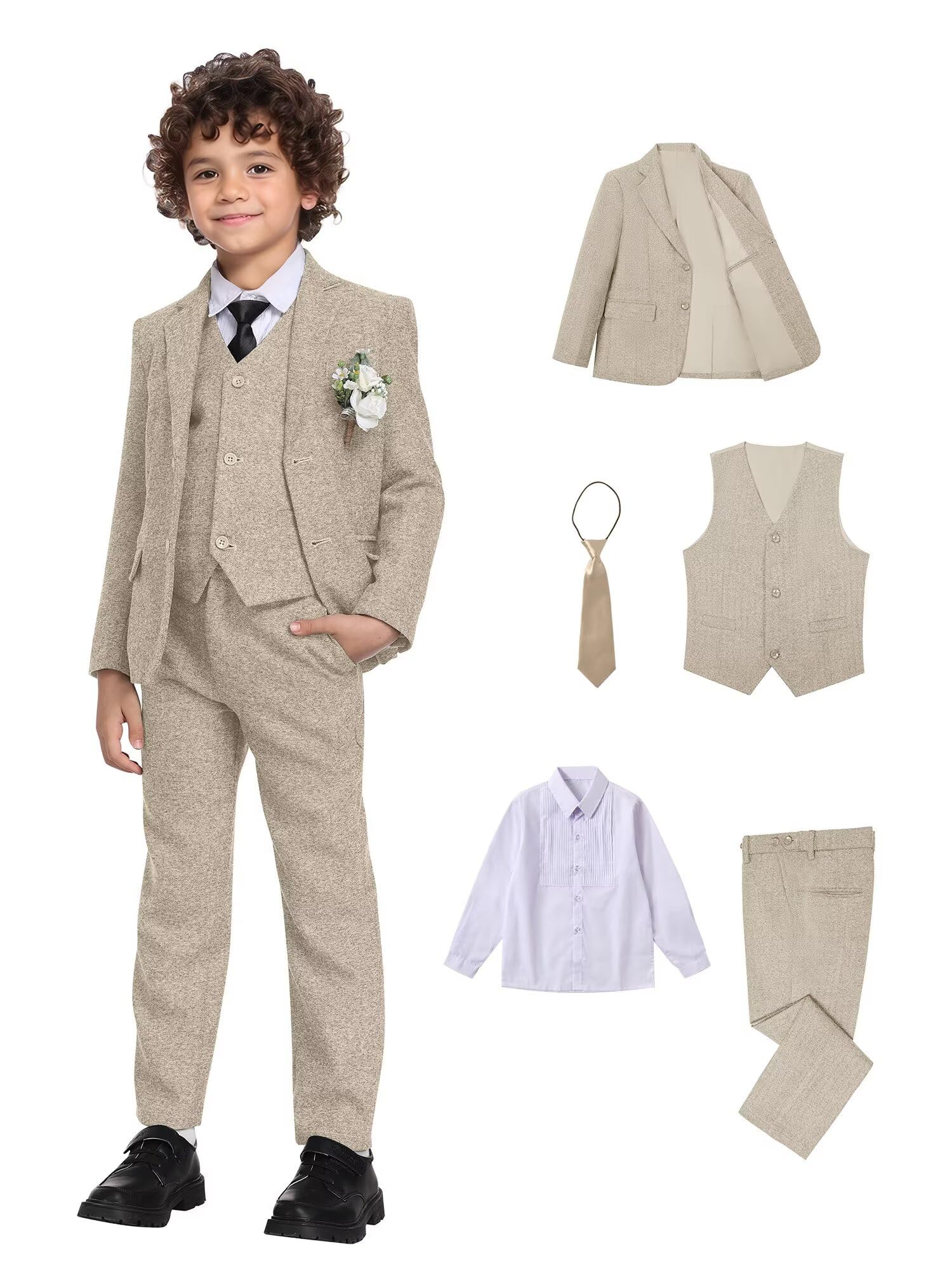 Suit Acamz Boy Tweed Herringbone, 5 Peças De Champanhe Slim Fit, Tamanho 7