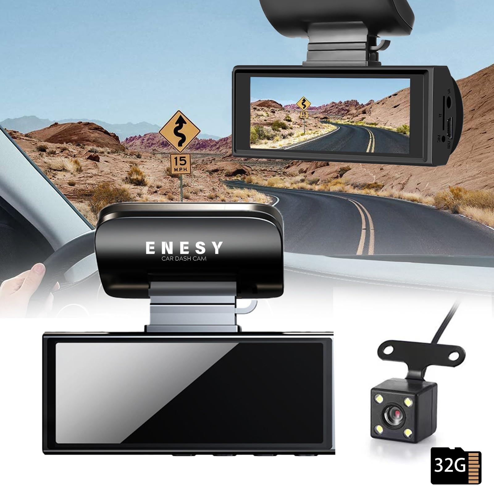 Car Dash Cam Enesy Frontal E Traseira 1080p Hd Com Cartão De Memória De 32 Gb