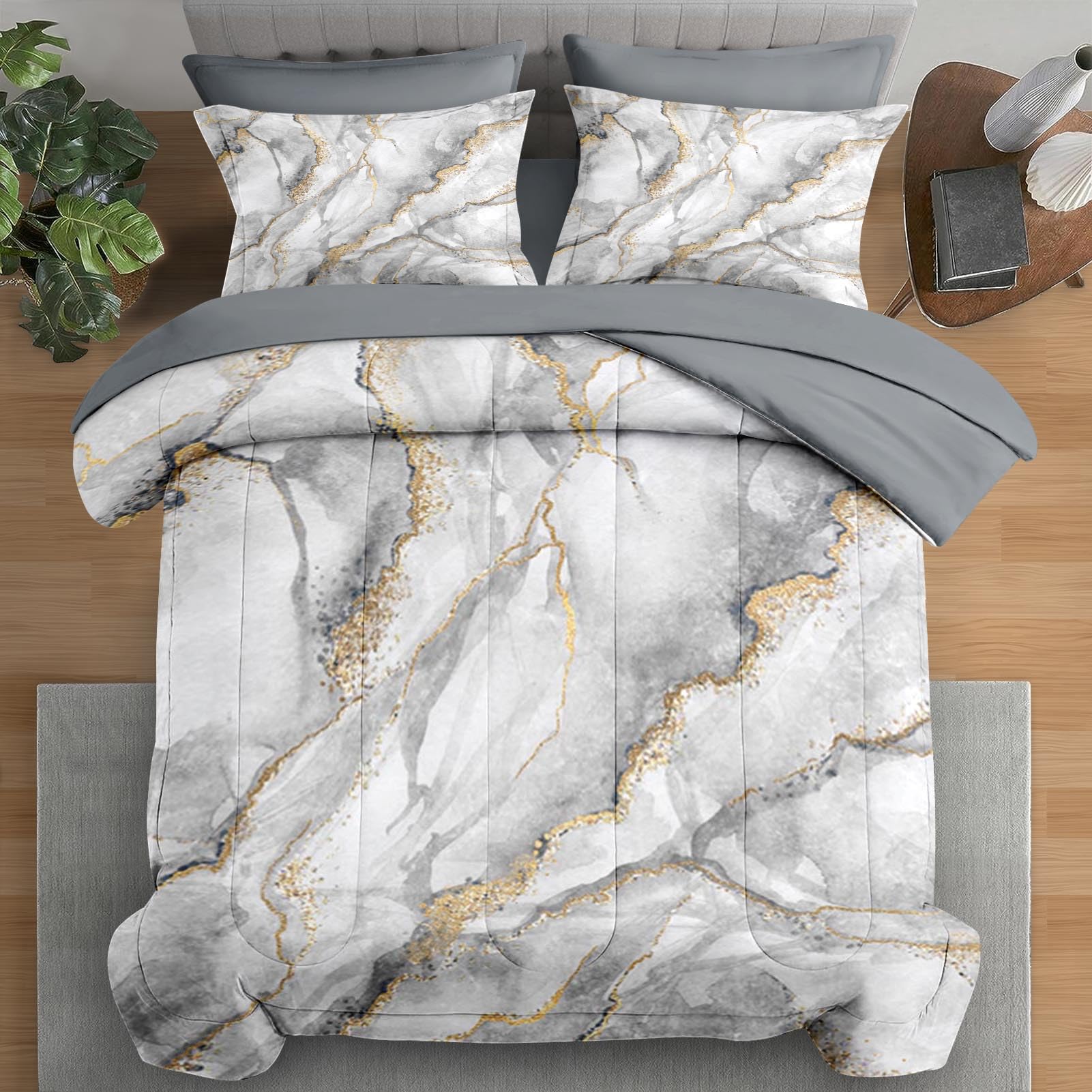 Conjunto De Edredom Pamnest Em Tamanho Real, Mármore, Preto, Ouro, Pedra, 7 Unidades