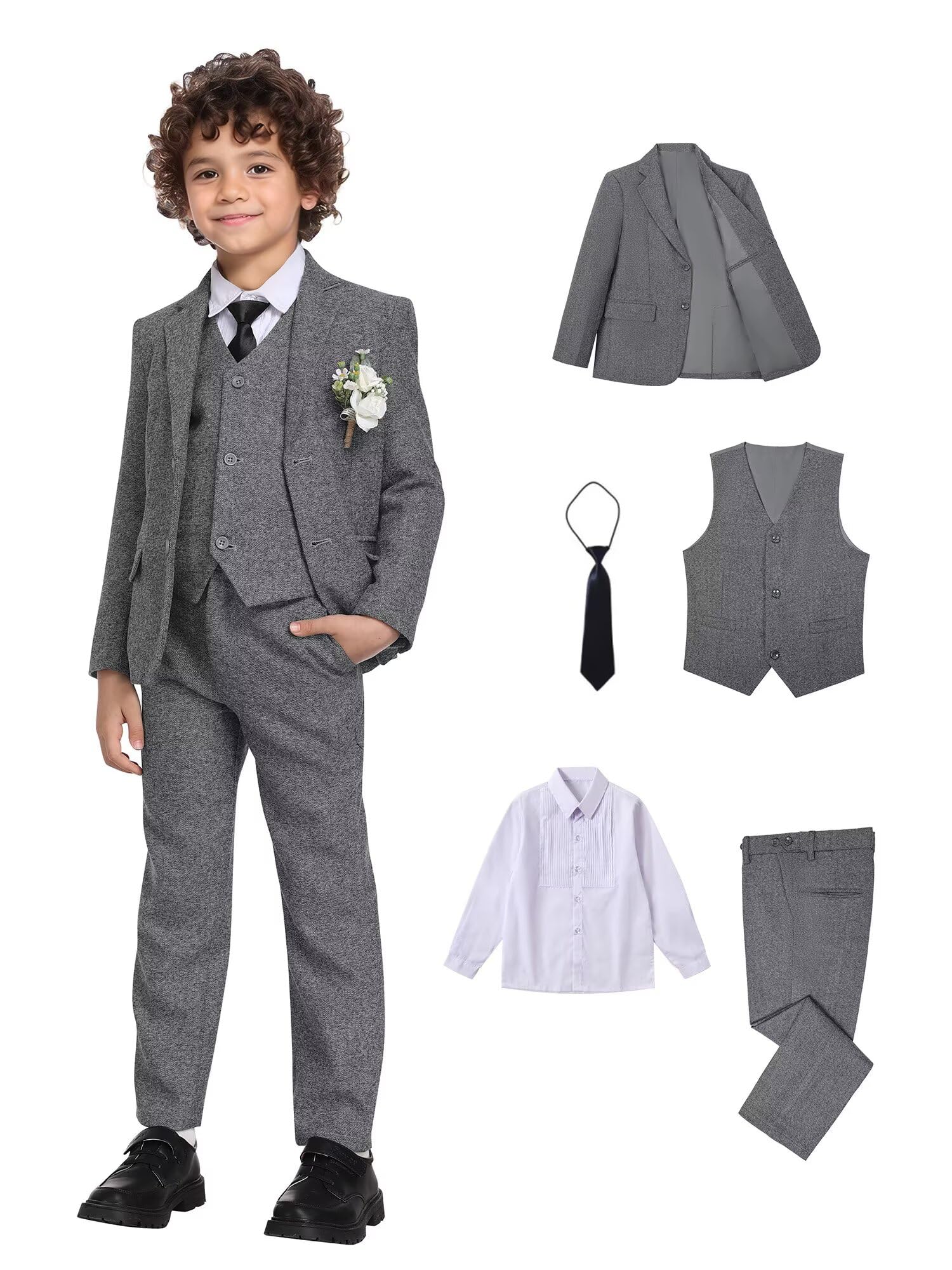 Suit Acamz Boy Tweed Herringbone, 5 Peças, Slim Fit, Cinza, Tamanho 7