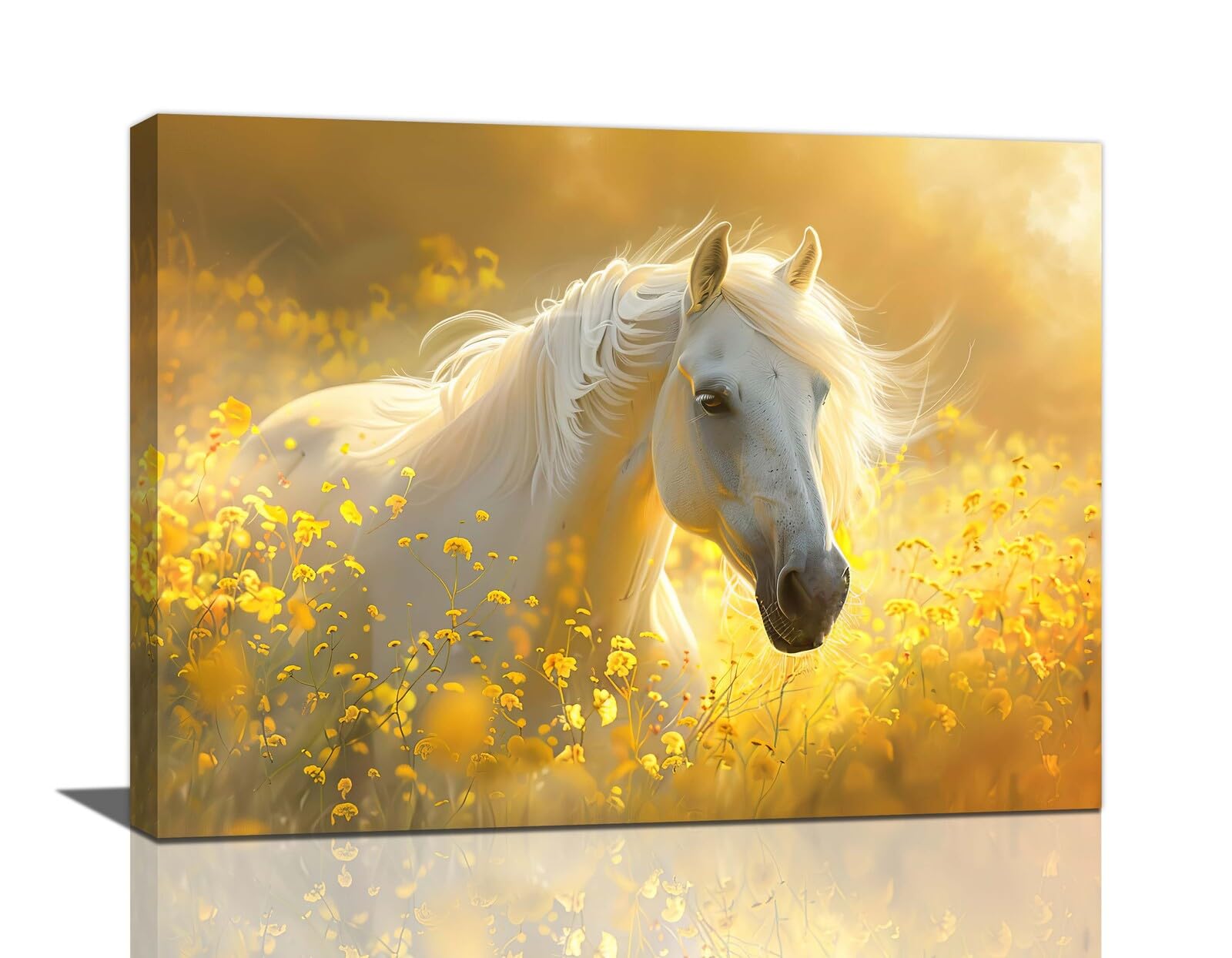 Arte De Parede Em Tela White Horse Yellow Floral 40x30cm (fuzawet)