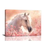 Arte De Parede Em Tela Branca, Cavalo, Rosa, Floral, 40x30cm, Decoração De Casa