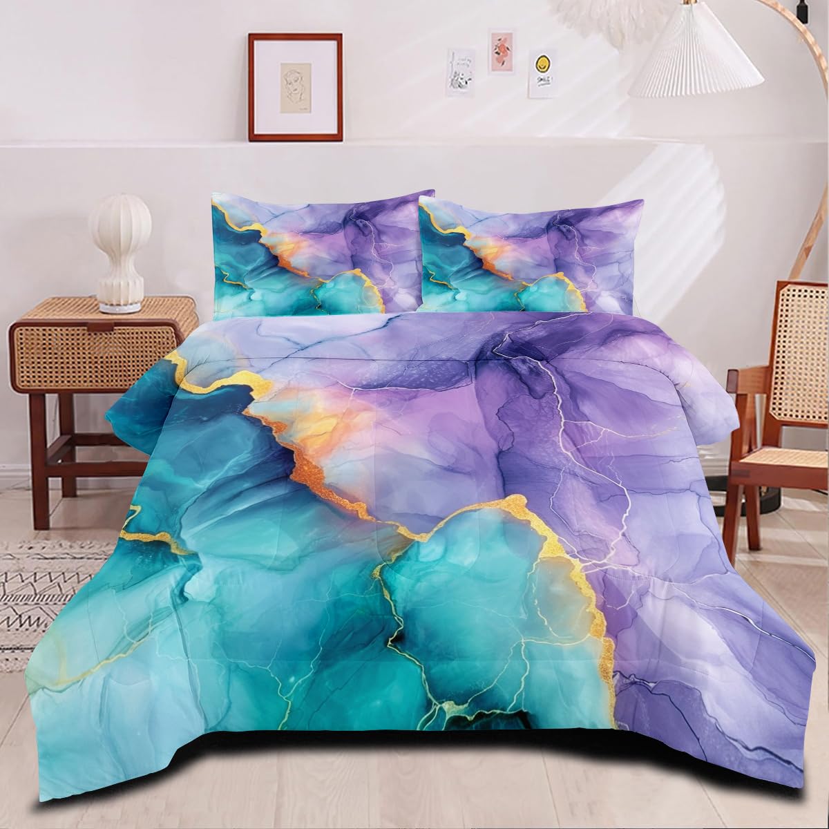 Conjunto De Edredom Coutuechen Azul Roxo Mármore Queen Size