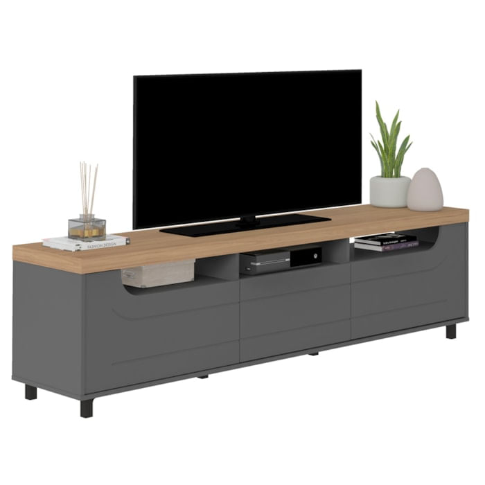 Rack Sala De Estar Tv 75 Pol 200 Cm 4442 Carvalho Grafite Arly