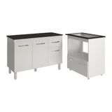 Balcão Armário Gabinete Aline 118 Cm Branco Com Tampo Preto E Balcão Evelyn Para Cooktop 5 Bocas Branco