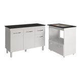 Balcão Armário Gabinete Aline 118 Cm Branco Com Tampo Preto E Balcão Evelyn Para Cooktop 4 Bocas Branco
