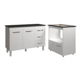 Balcão Armário Gabinete Bruna 118 Cm Branco Com Tampo Preto E Balcão Evelyn Para Cooktop 5 Bocas Branco