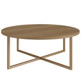 Mesa De Centro Redonda Artesano 70 Cm (larg) Tampo Em Mdp Hanover (mel) Base Metálica Em Aço Dourado