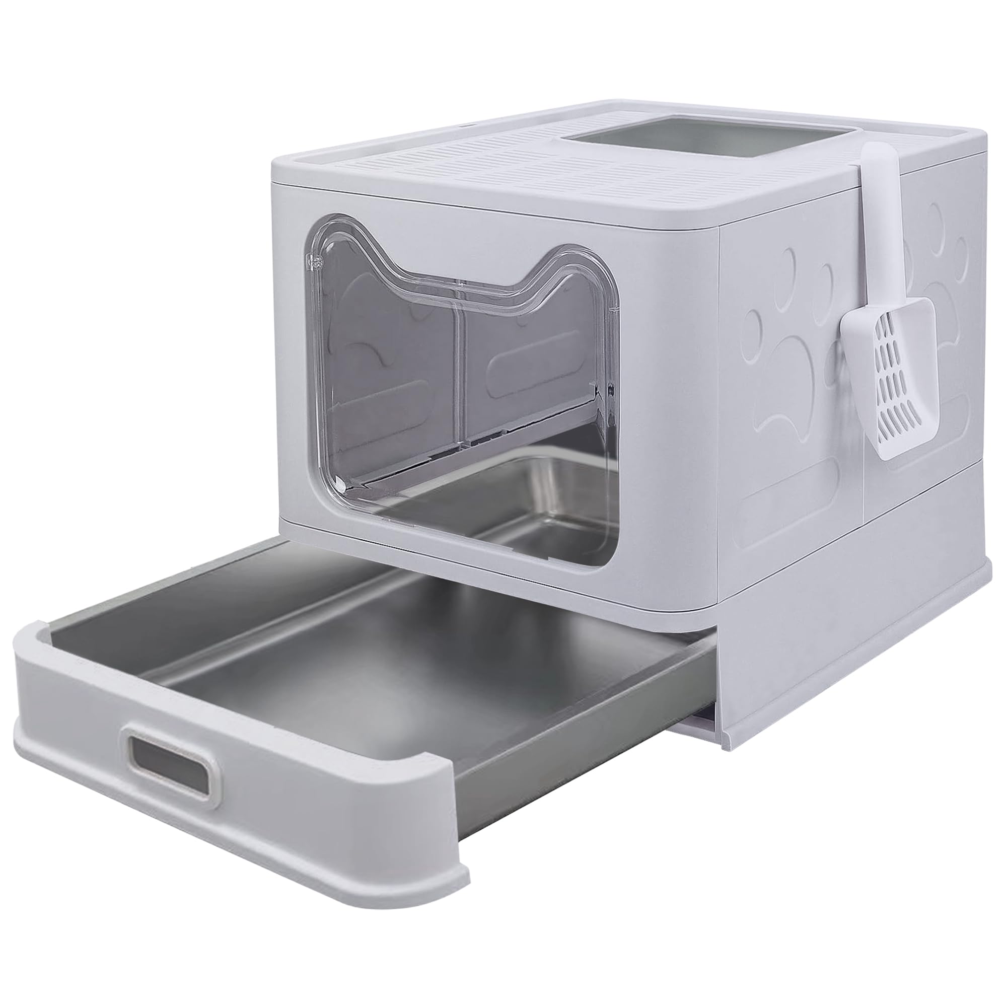 Caixa De Areia Para Gatos Tokenkuko Dobrável Em Aço Inoxidável Com Tampa Cinza