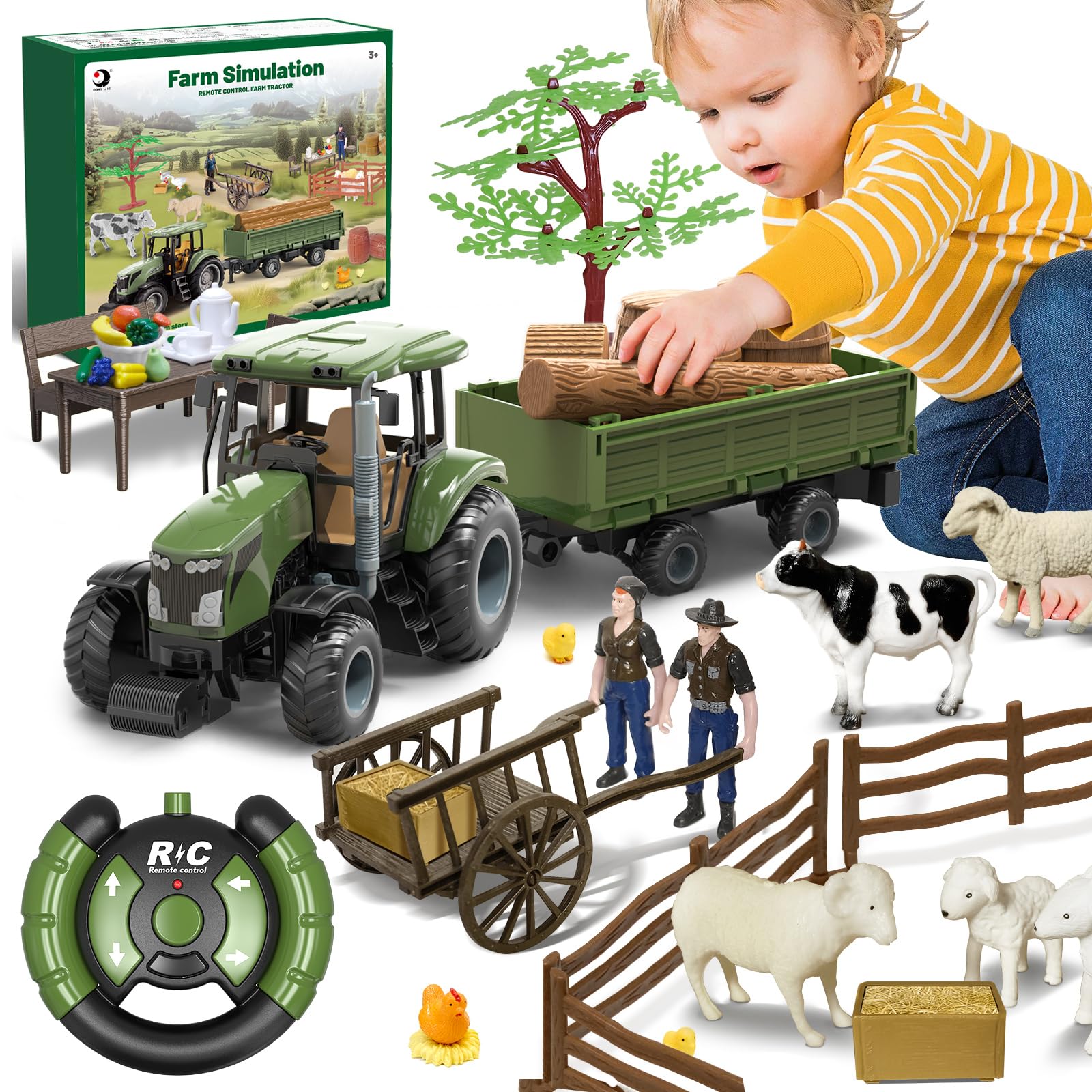 Conjunto De Brinquedos Agrícolas Womaqu: Trator De Controle Remoto Com Reboque