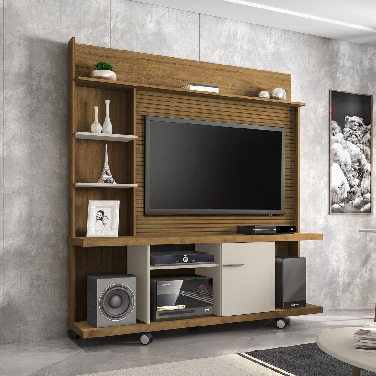 Rack Com Painel Para Tv Até 47 Polegadas Com 1 Porta E Rodízios Multimóveis Cr45277 Cinamomo/off White/ripado