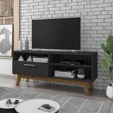 Rack Para Tv Até 55 Polegadas Com Nichos E 1 Porta Retrô Multimóveis Cr45293 Preto Fosco