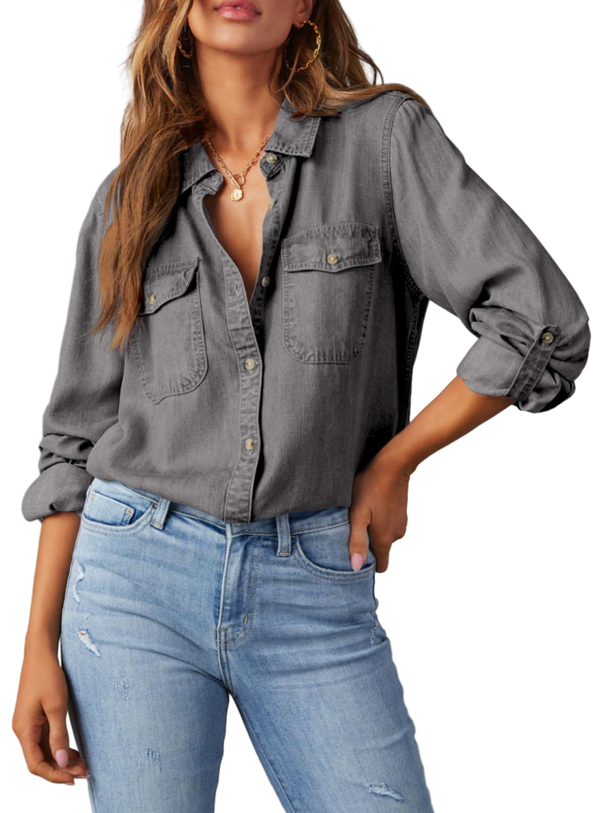 Camisa Feminina Astylish Com Decote Em V, Manga Comprida, Jeans, Cinza, Tamanho P