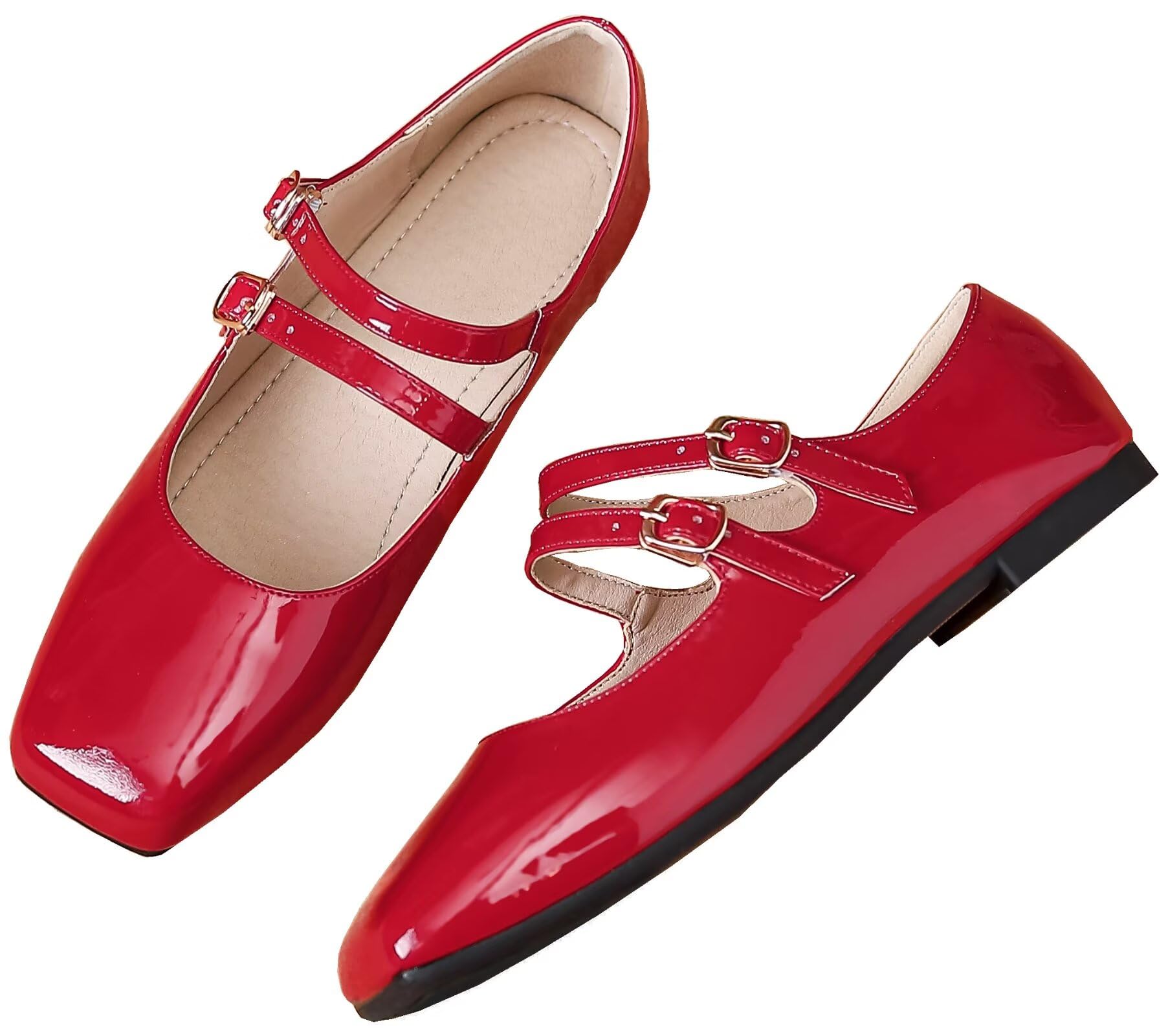 Biqueira Quadrada Vermelha Retrô Feminina Mary Jane Flats Stunner