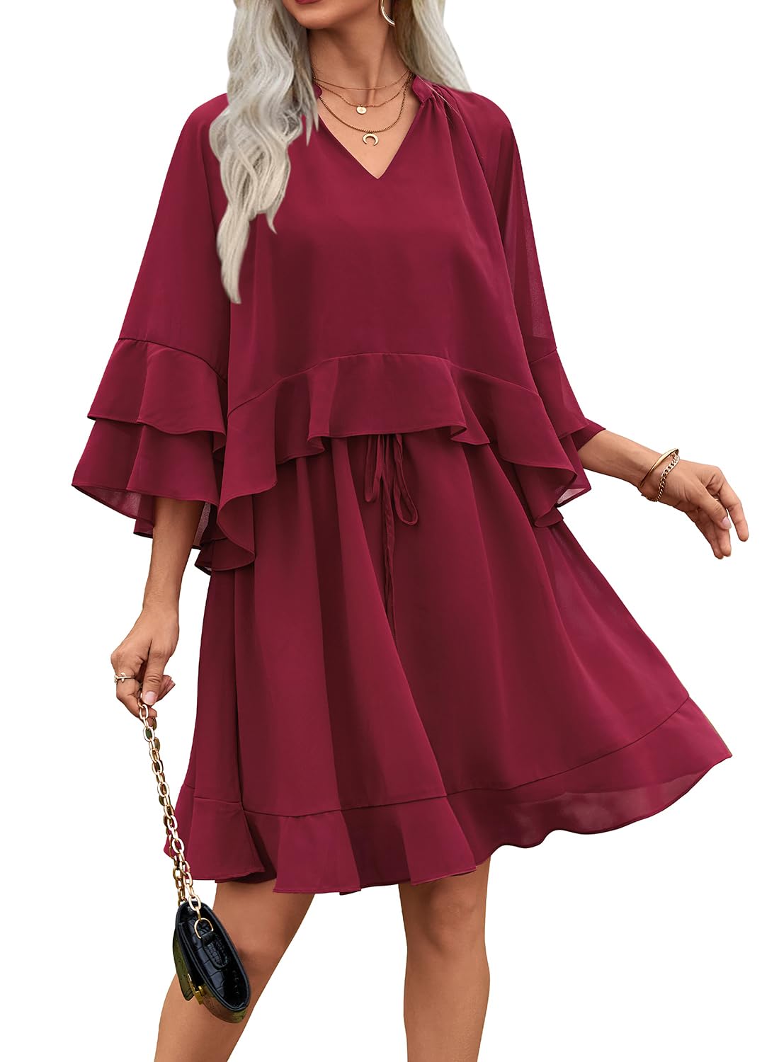 Vestido Feminino Ecowish, Manga 3/4, Manga De Sino, 2025, Vinho Tinto