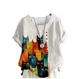 Camisa Domirica Cat Print Feminina De Manga Curta Plus Size Gg