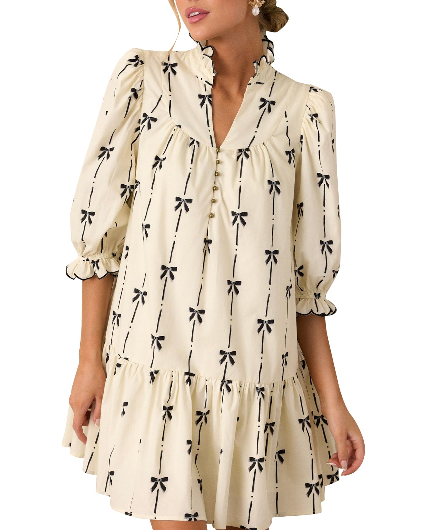 Vestido Feminino Ezapine, Manga Folhada, Mini Decote Em V, Baby Doll, Bege