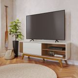 Rack Para Tv Até 60 Polegadas Com Pés Madeira Maciça E Porta Deslizante Otawa Off White Matte / Freijó