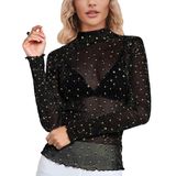 Blusa Feminina Ueoiow Transparente, Manga Comprida, Gola Alta, Preta