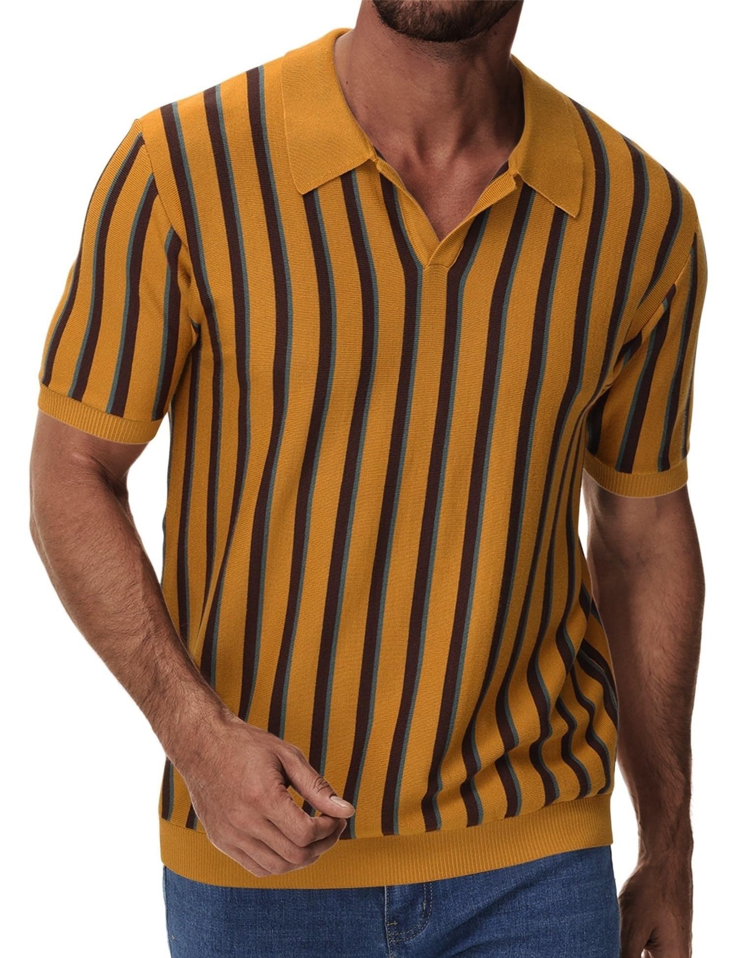 Camisa Polo Masculina Iwoo, De Malha, Manga Curta, Listrada, Amarela, Tamanho Gg