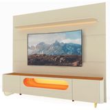 Rack Bancada Nobre Com Painel Para Tv Até 85 Polegadas Com Pés De Vidro E Led Royal Off White/madeirado Gelius