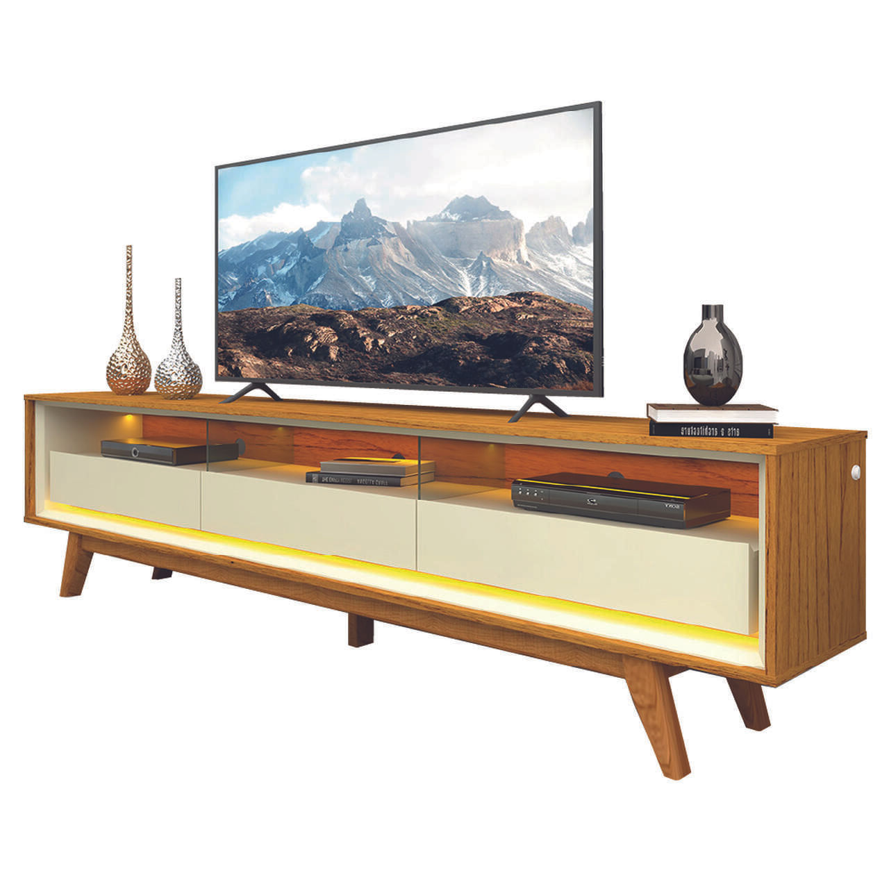 Rack Bancada Para Tv Até 90 Polegadas Com Led Requinte Madeirado/off White Gelius