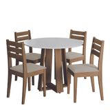 Conjunto De Mesa Sala De Jantar Athenas Redonda 1,03m 4 Cadeiras Dakar Cedro / Off White / Bege Dobuê