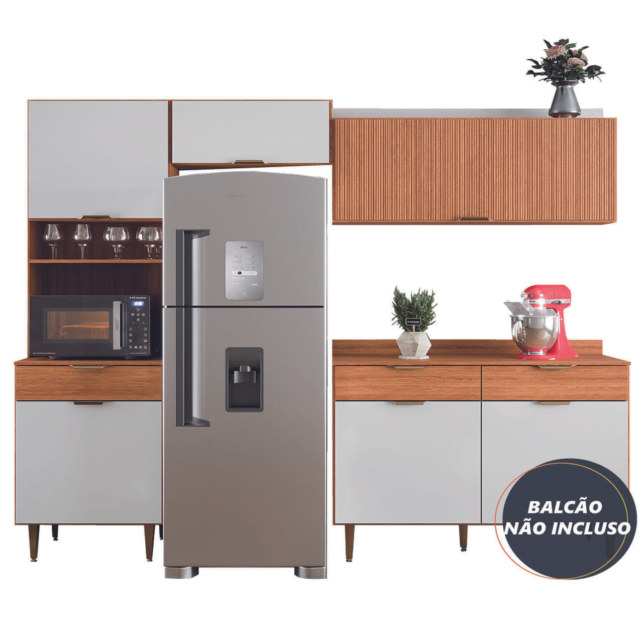 Armário De Cozinha Completa 4 Portas Ripado 3d 1 Gaveta Nicho Para Micro Ondas Madeirado/off White Vitória Batrol