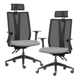 Kit 2 Cadeiras Escritório Giratória Presidente Flow F02 Base Preta Crepe Cinza - Lyam Decor