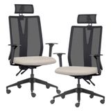 Kit 2 Cadeiras Escritório Giratória Presidente Flow F02 Base Preta Linho Bege Claro - Lyam Decor