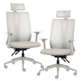 Kit 2 Cadeiras Escritório Giratória Presidente Flow F02 Base Cinza Linho Bege Claro - Lyam Decor