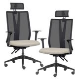 Kit 2 Cadeiras Escritório Giratória Presidente Flow F02 Base Preta Sintético Bege - Lyam Decor