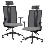Kit 2 Cadeiras Escritório Giratória Presidente Flow F02 Base Preta Linho Cinza Escuro - Lyam Decor