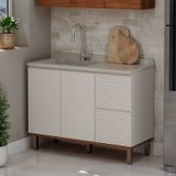 Balcão Gabinete De Cozinha Para Pia 100% Mdf Com 3 Gavetas Corrediças Telescópicas Off White/canela