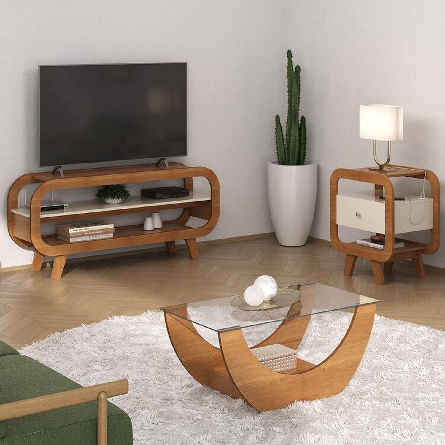Conjunto Com Rack Para Tv, Mesa De Centro E Mesa De Apoio Theo Cinamomo/off White