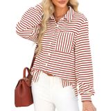Camisa Feminina Elegante Listrada Com Botões E Decote Em V De Manga Comprida