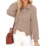 Camisa Feminina Elegante, Listrada, Com Decote Em V, Manga Comprida