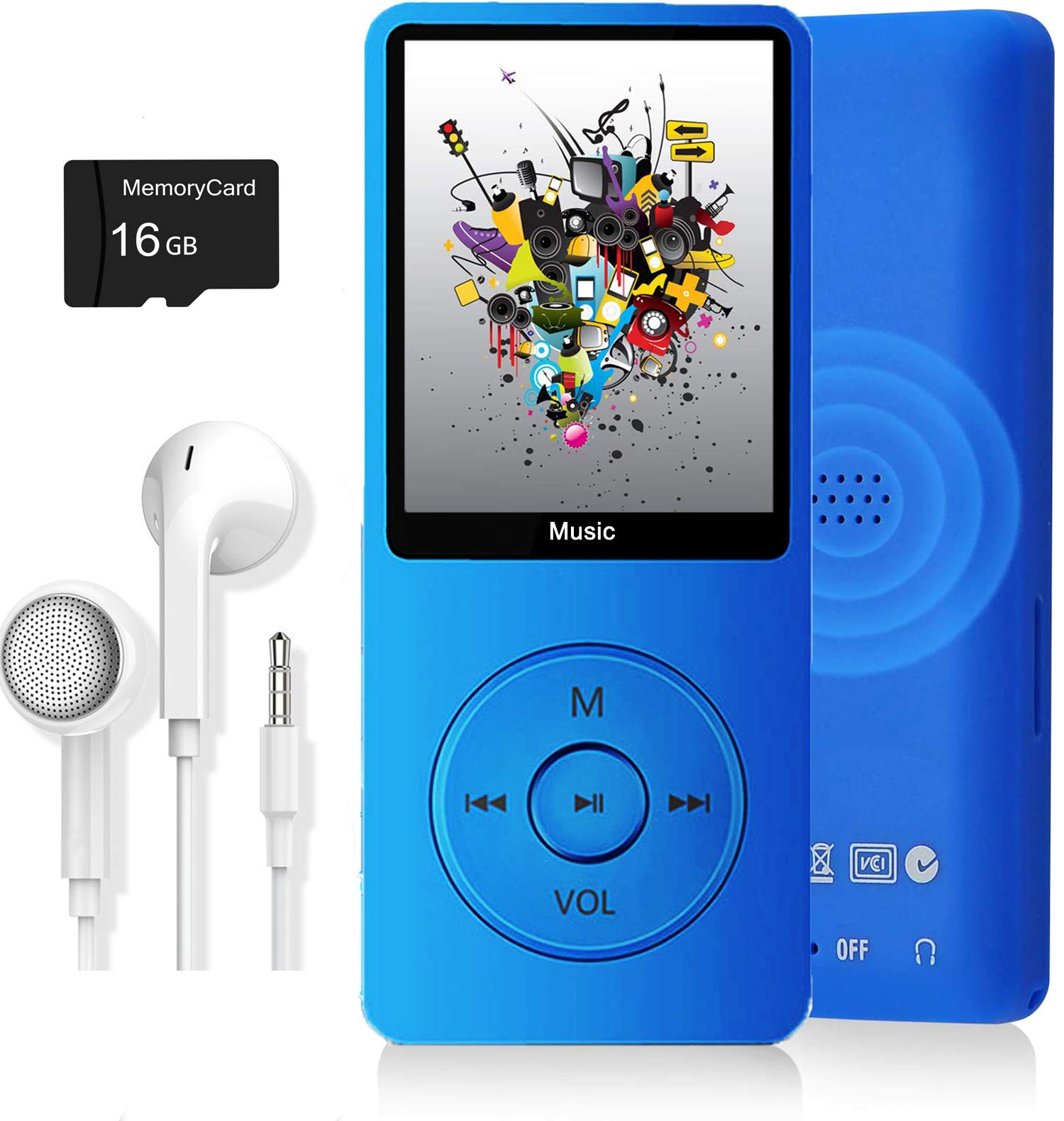 Leitor Mp3 Dyzeryk Com Cartão Micro Sd De 16 Gb, Tela Azul De 1,8"